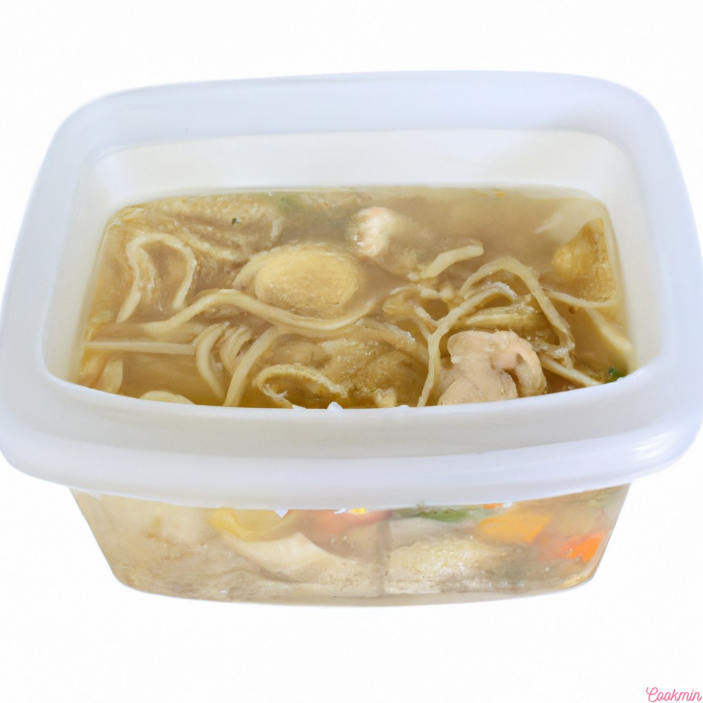 A freezer-friendly container filled with leftover chicken noodle soup