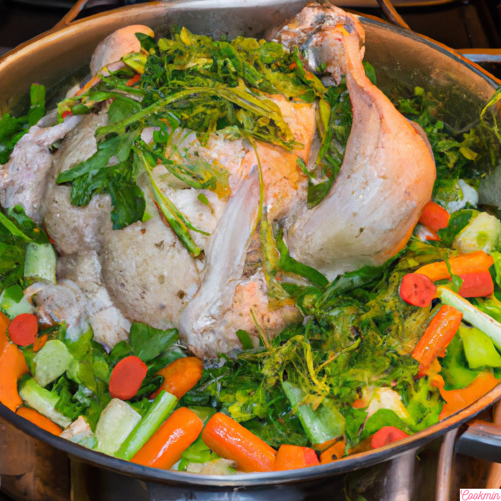 A large pot on a stove with sautéed vegetables, a whole chicken, and aromatic herbs, ready for simmering