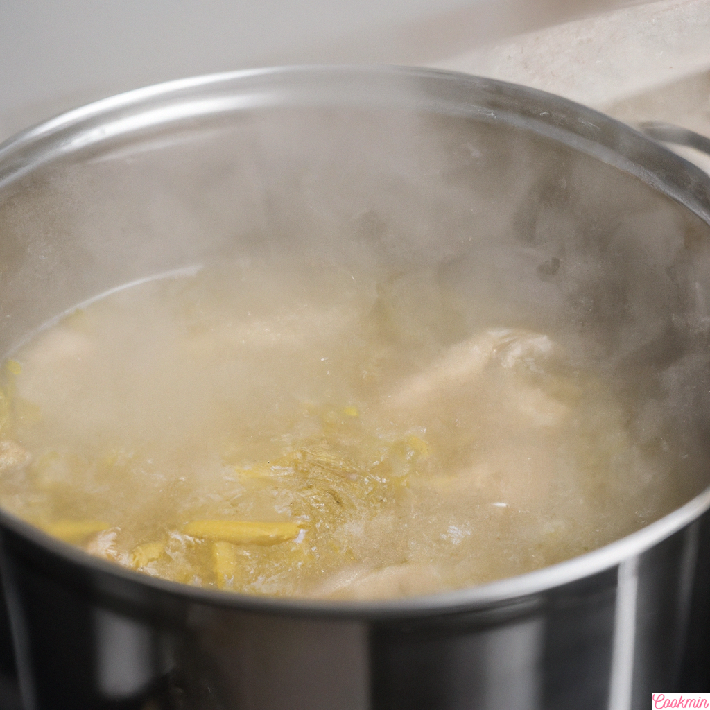 A pot of boiling chicken noodle soup with steam rising