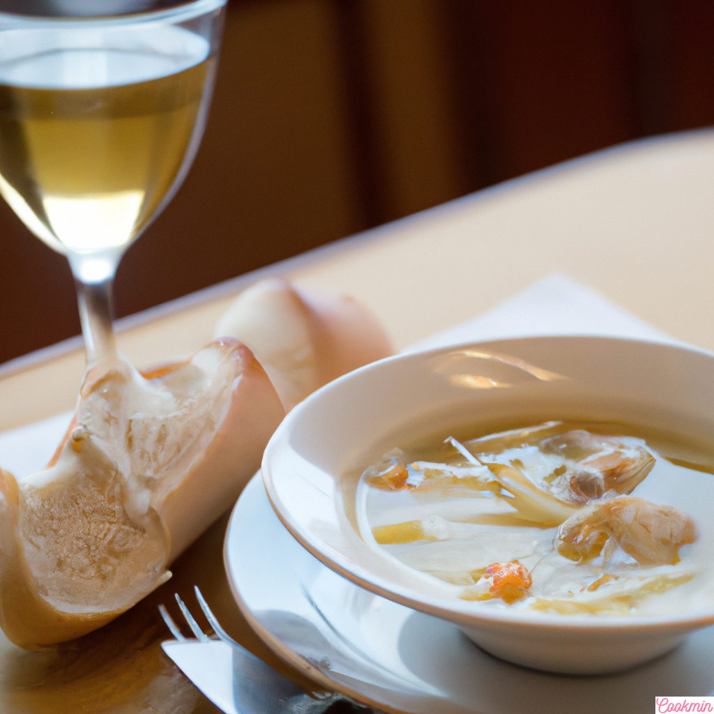 Chicken noodle soup served in a white ceramic bowl with a side of crusty baguette and a glass of white wine.