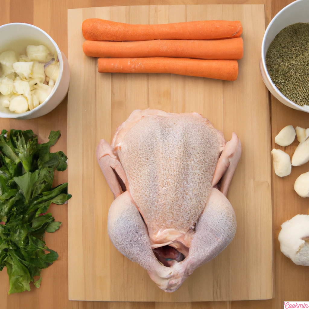 Fresh ingredients for chicken noodle soup including a whole chicken, carrots, celery, onion, garlic, and herbs spread out on a kitchen counter.